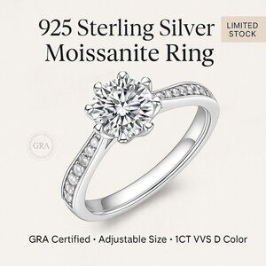 925 Sterling Silver Moissanite Ring Adjustable 1 CT